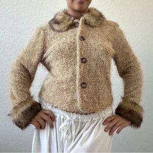 Vintage Chic Beige Jacket with Faux Fur Trim